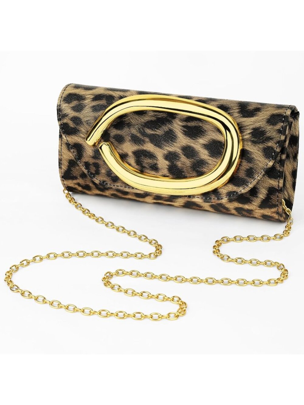 〽️Women's Leopard Chain Vegan Gold Handle Evening Clutch Purse Wedding Handbag